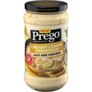 a jar of Prego brand Creamy Lemon Parmesan sauce